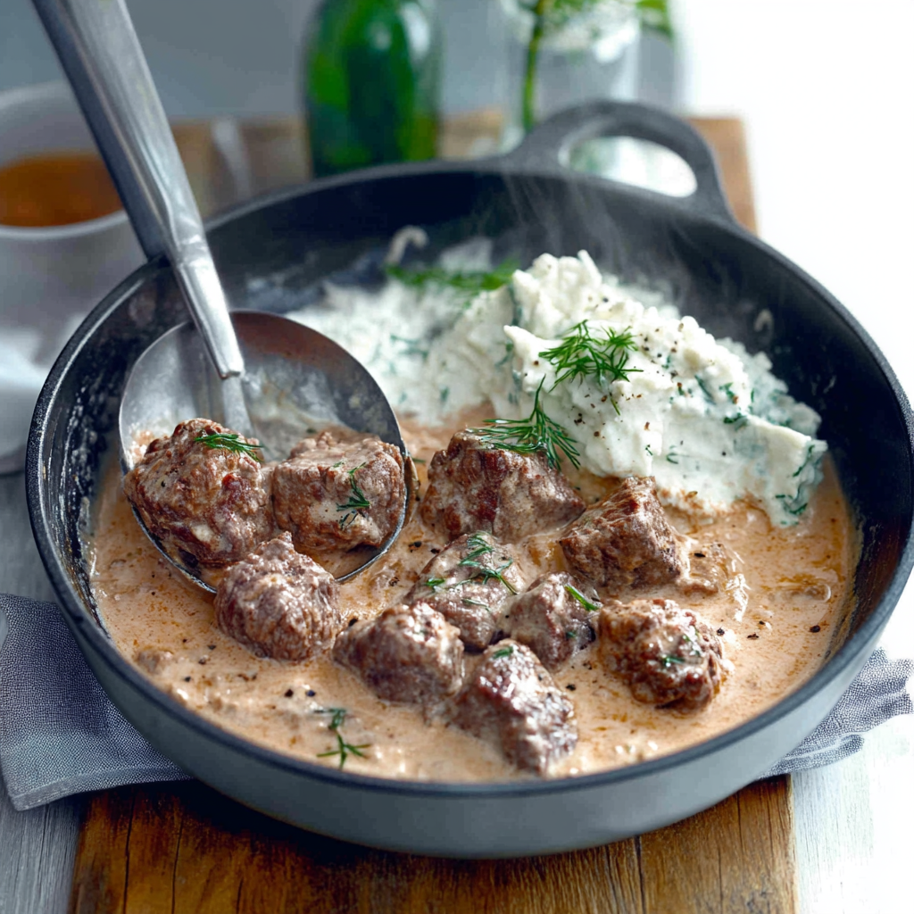 Plated fillet of beef Stroganoff with creamy sauce and herbs, served over egg noodles3