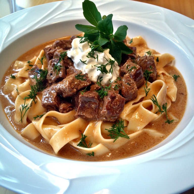 Plated fillet of beef Stroganoff with creamy sauce and herbs, served over egg noodles1