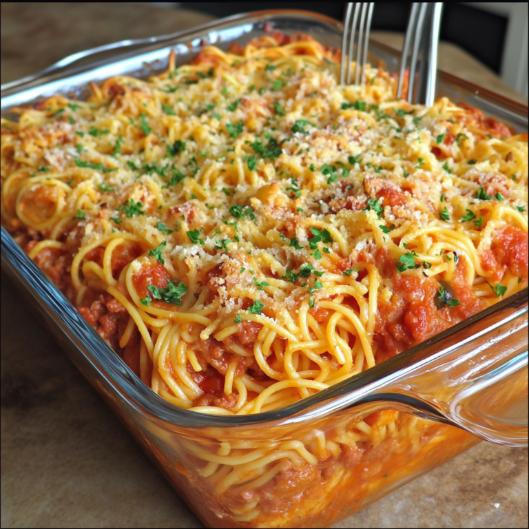 Cheesy Spaghetti Casserole Bake fresh out of the oven with golden, bubbly cheese on top.1