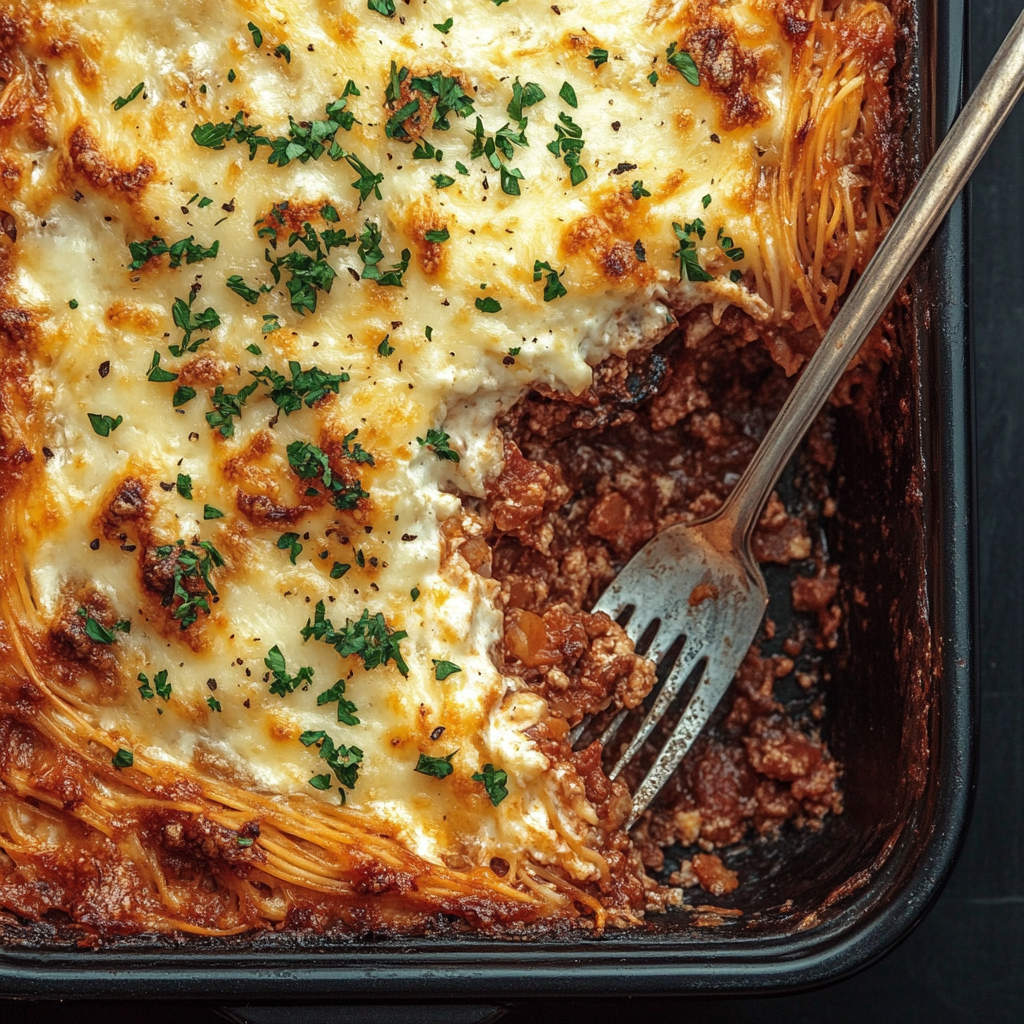Cheesy Spaghetti Casserole Bake fresh out of the oven with golden, bubbly cheese on top.4
