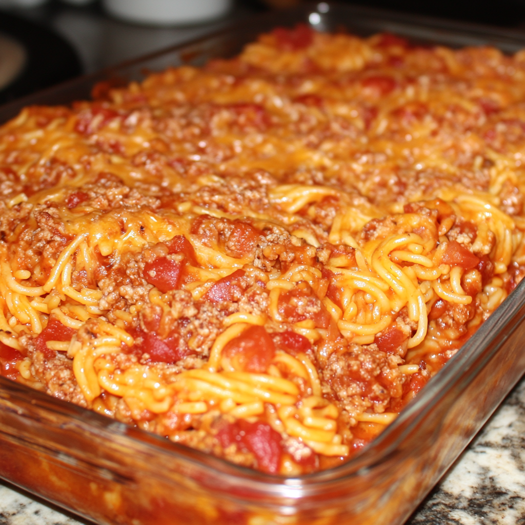 Cheesy Spaghetti Casserole Bake fresh out of the oven with golden, bubbly cheese on top.3