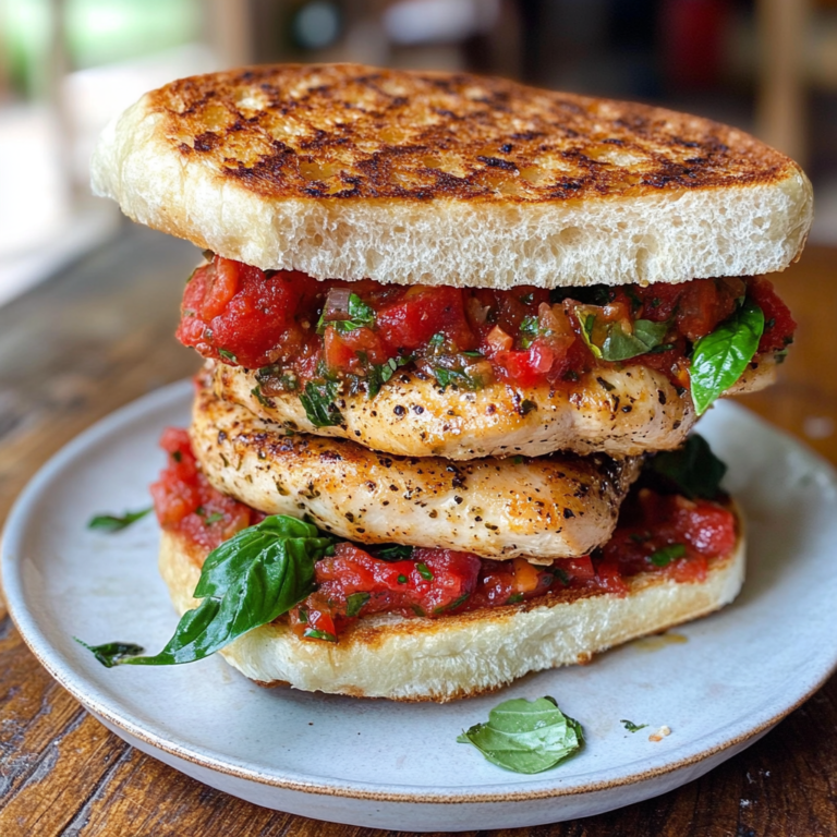 Bruschetta Chicken Sandwich with grilled chicken breast, tomato basil topping, and toasted ciabatta bread1