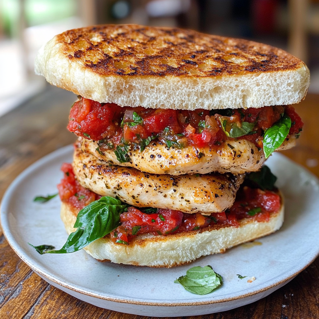 Bruschetta Chicken Sandwich with grilled chicken breast, tomato basil topping, and toasted ciabatta bread1