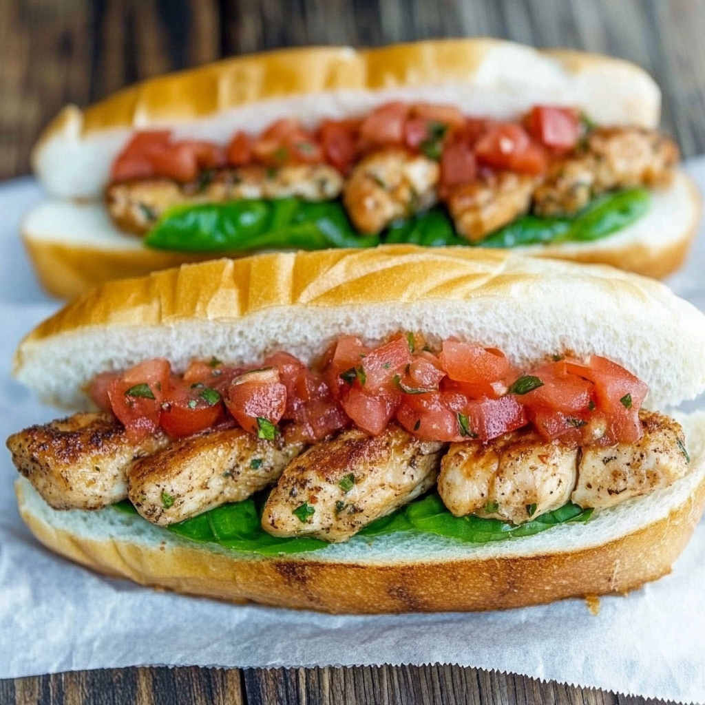 Bruschetta Chicken Sandwich with grilled chicken breast, tomato basil topping, and toasted ciabatta bread2