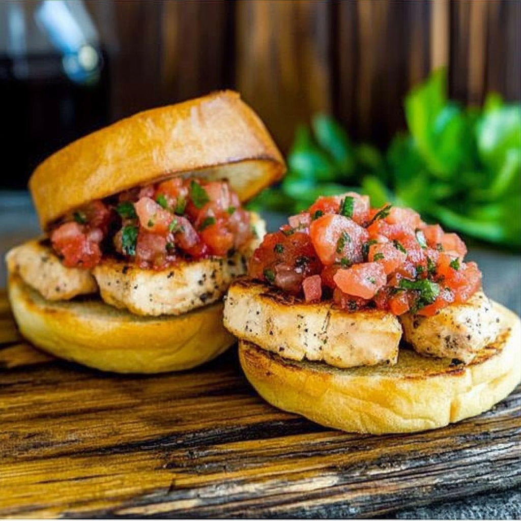 Bruschetta Chicken Sandwich with grilled chicken breast, tomato basil topping, and toasted ciabatta bread3