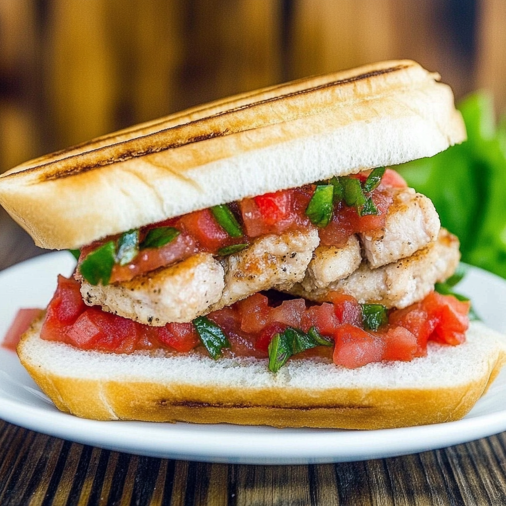 Bruschetta Chicken Sandwich with grilled chicken breast, tomato basil topping, and toasted ciabatta bread4