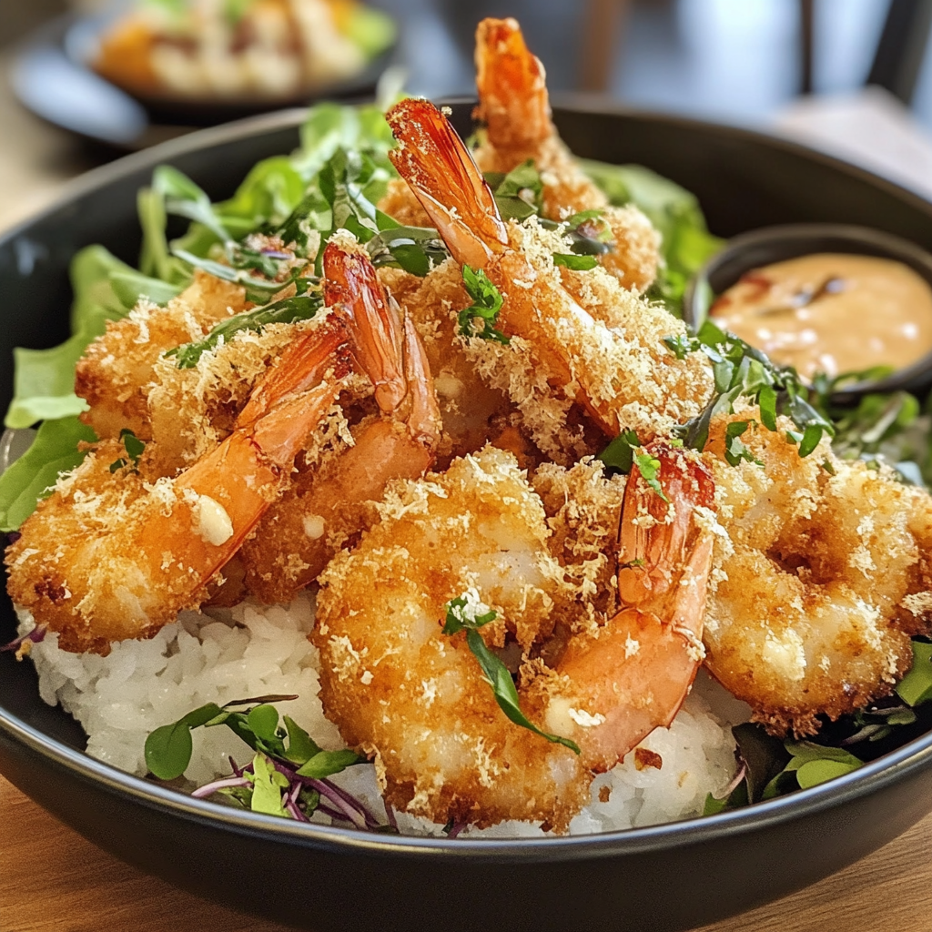 Golden crispy coconut shrimp served with sweet chili dipping sauce and tropical garnish on a white plate.2