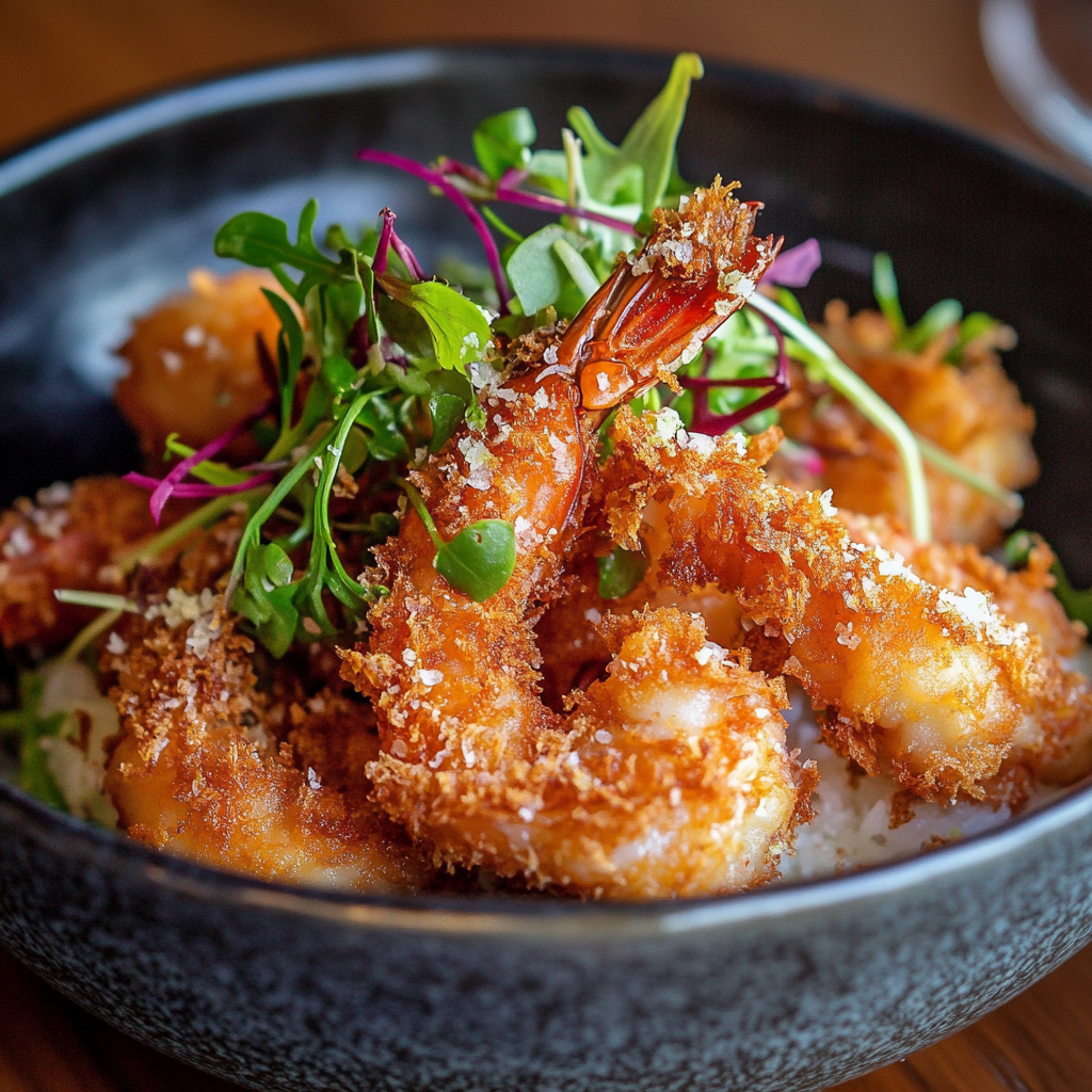 Golden crispy coconut shrimp served with sweet chili dipping sauce and tropical garnish on a white plate.1