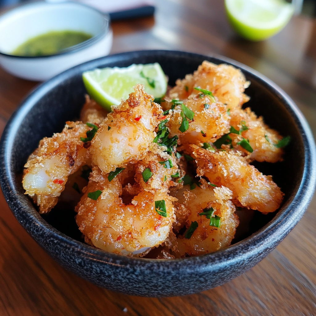 Golden crispy coconut shrimp served with sweet chili dipping sauce and tropical garnish on a white plate.4