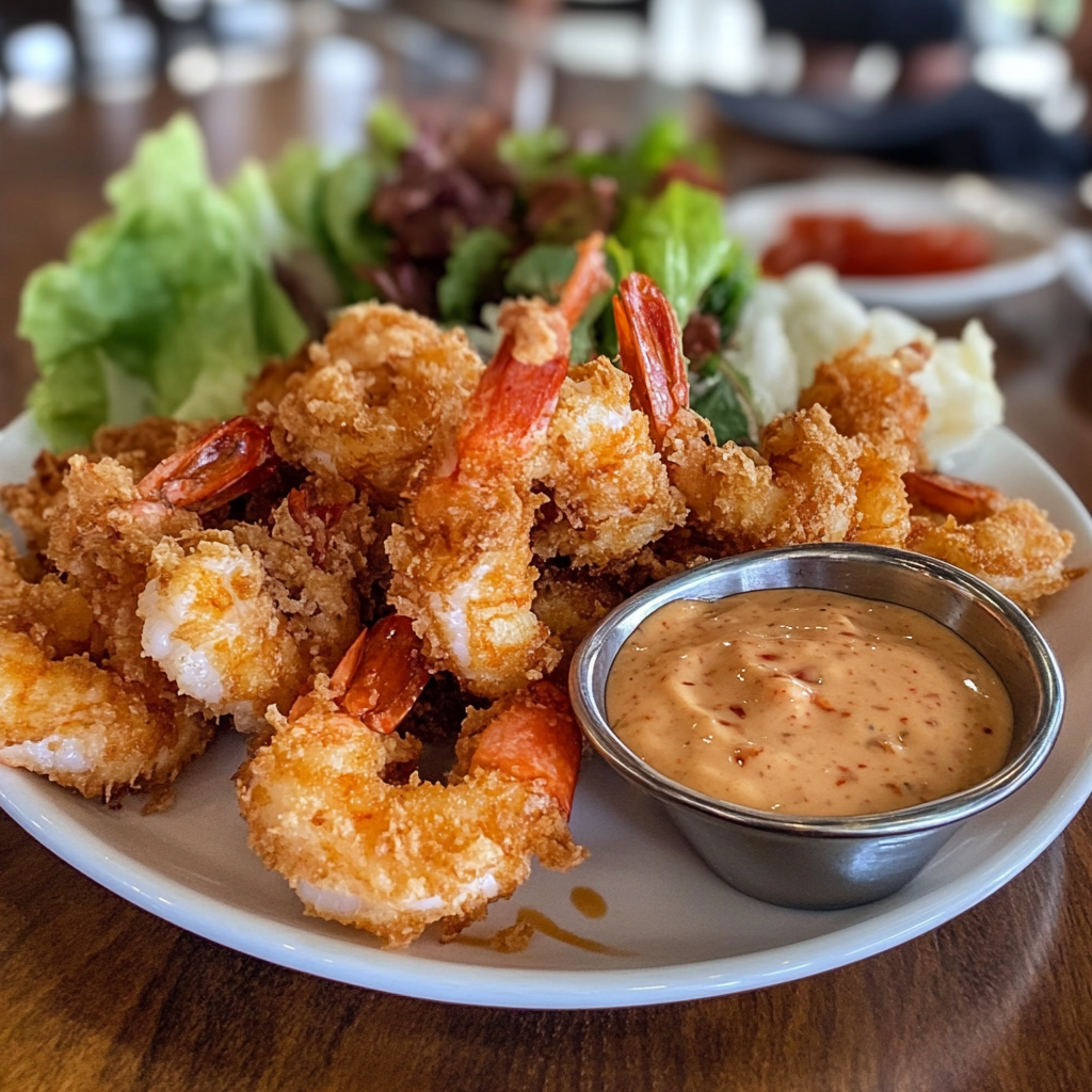 Golden crispy coconut shrimp served with sweet chili dipping sauce and tropical garnish on a white plate.3