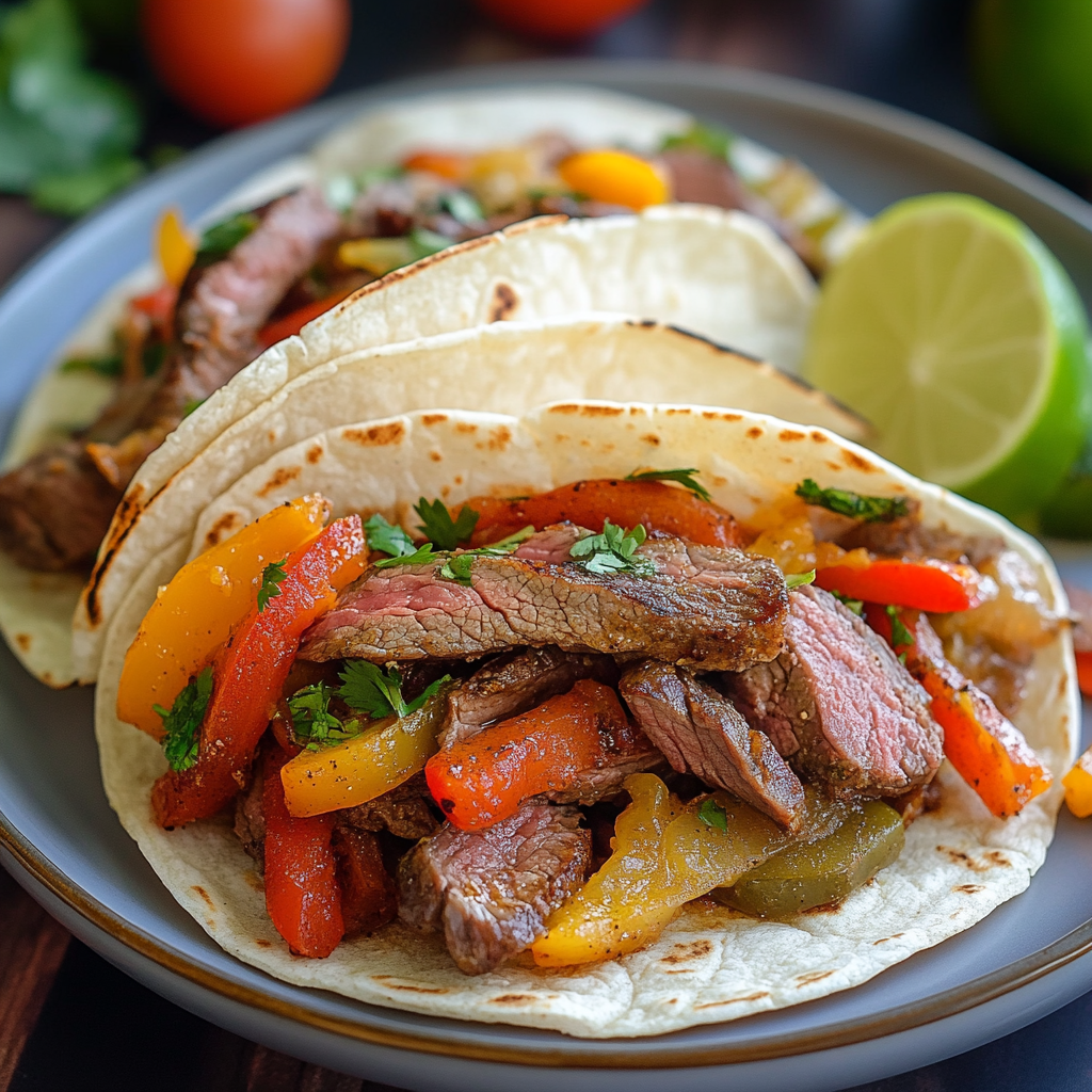 Crockpot steak fajitas with colorful bell peppers and onions in a slow cooker4