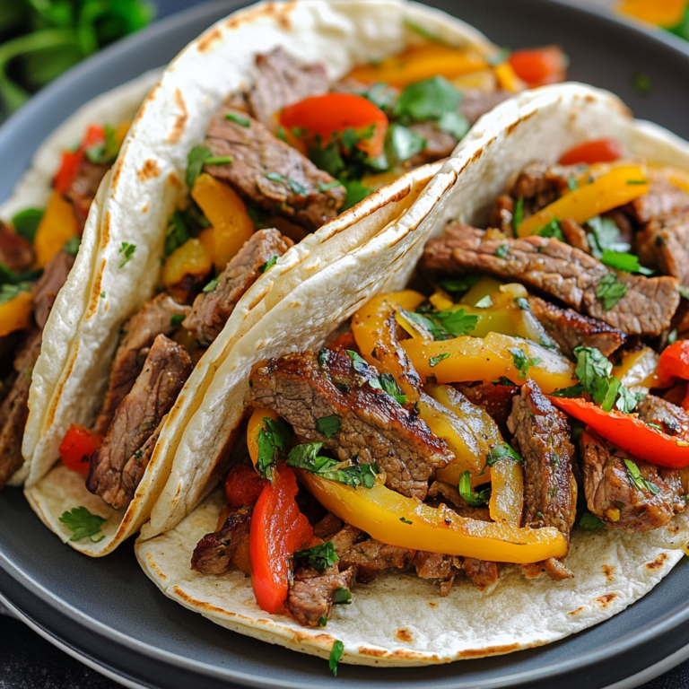 Crockpot steak fajitas with colorful bell peppers and onions in a slow cooker1