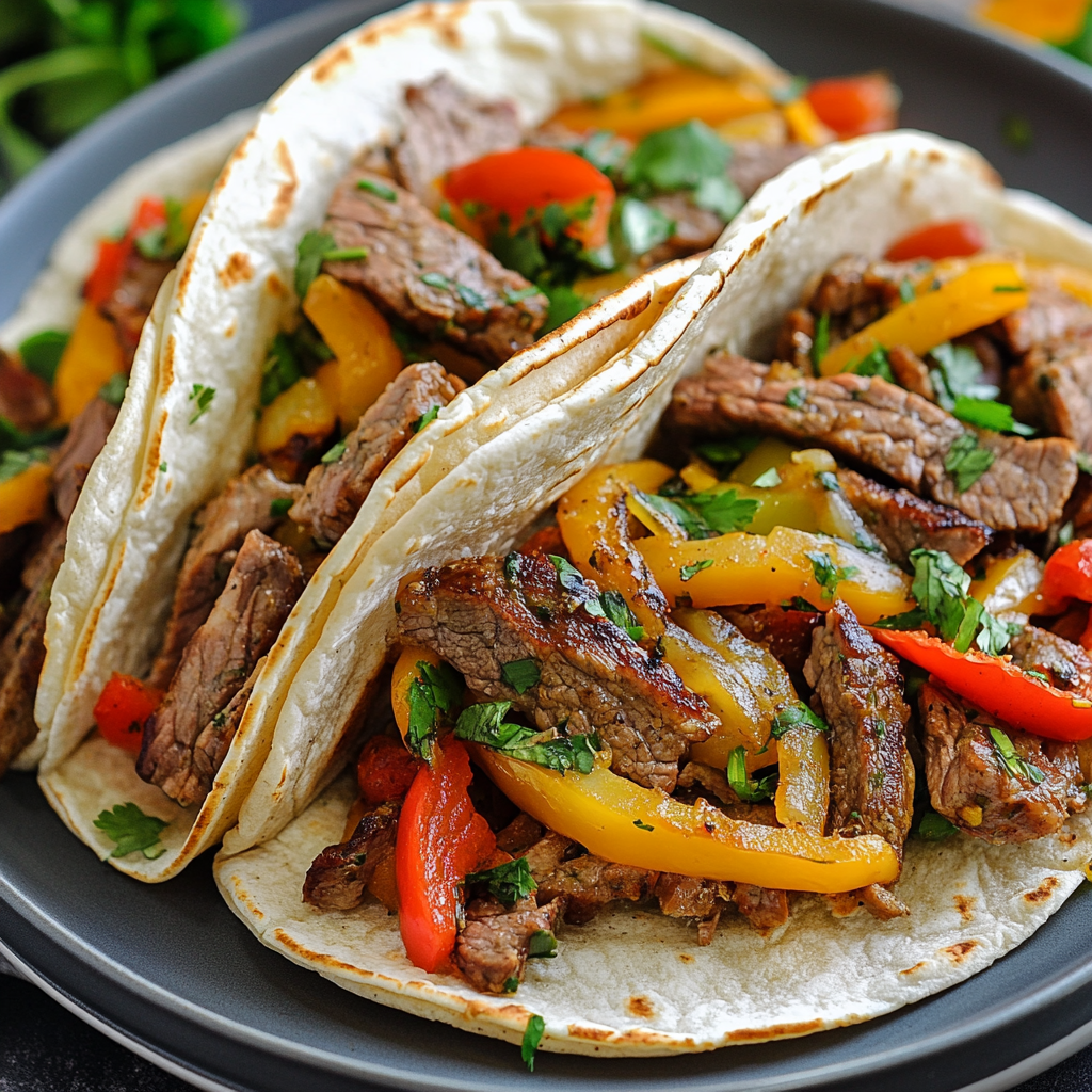 Crockpot steak fajitas with colorful bell peppers and onions in a slow cooker1