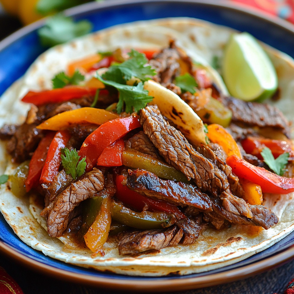 Crockpot steak fajitas with colorful bell peppers and onions in a slow cooker2