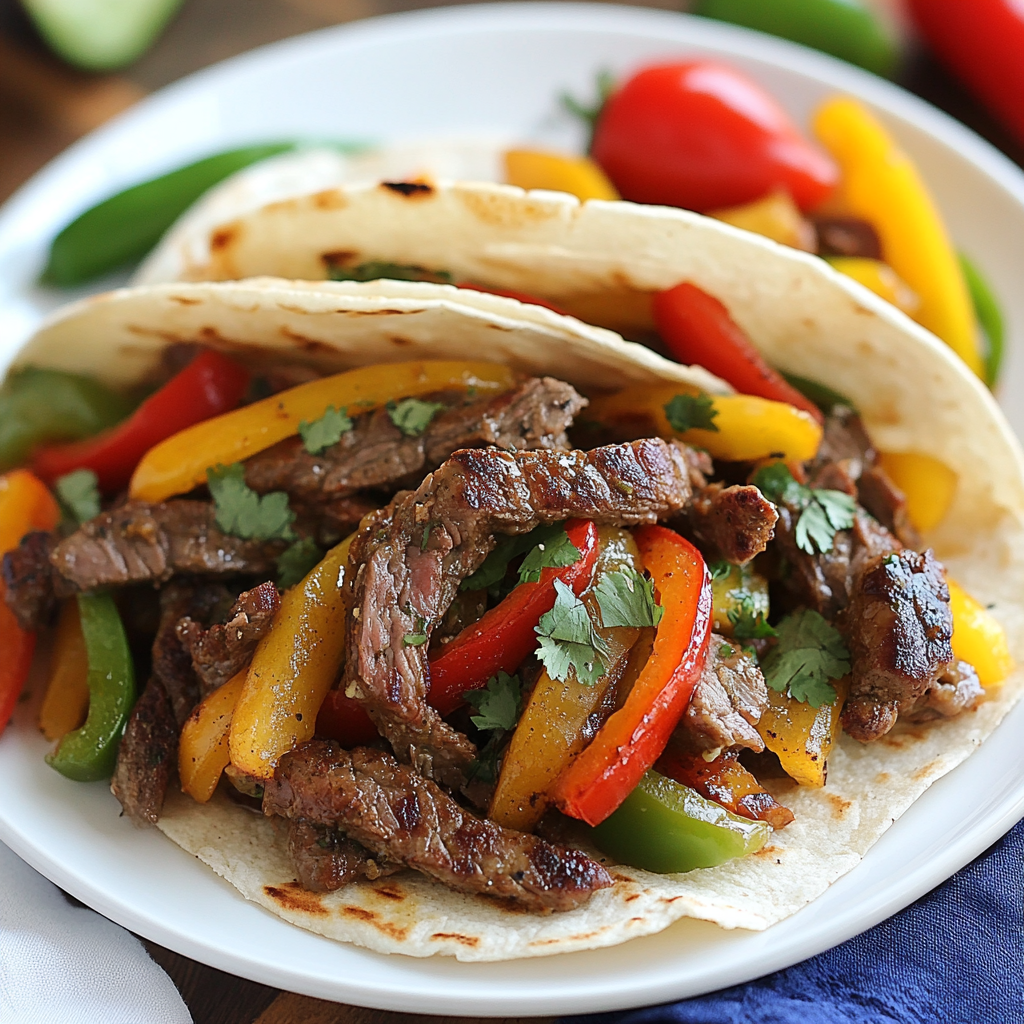 Crockpot steak fajitas with colorful bell peppers and onions in a slow cooker3