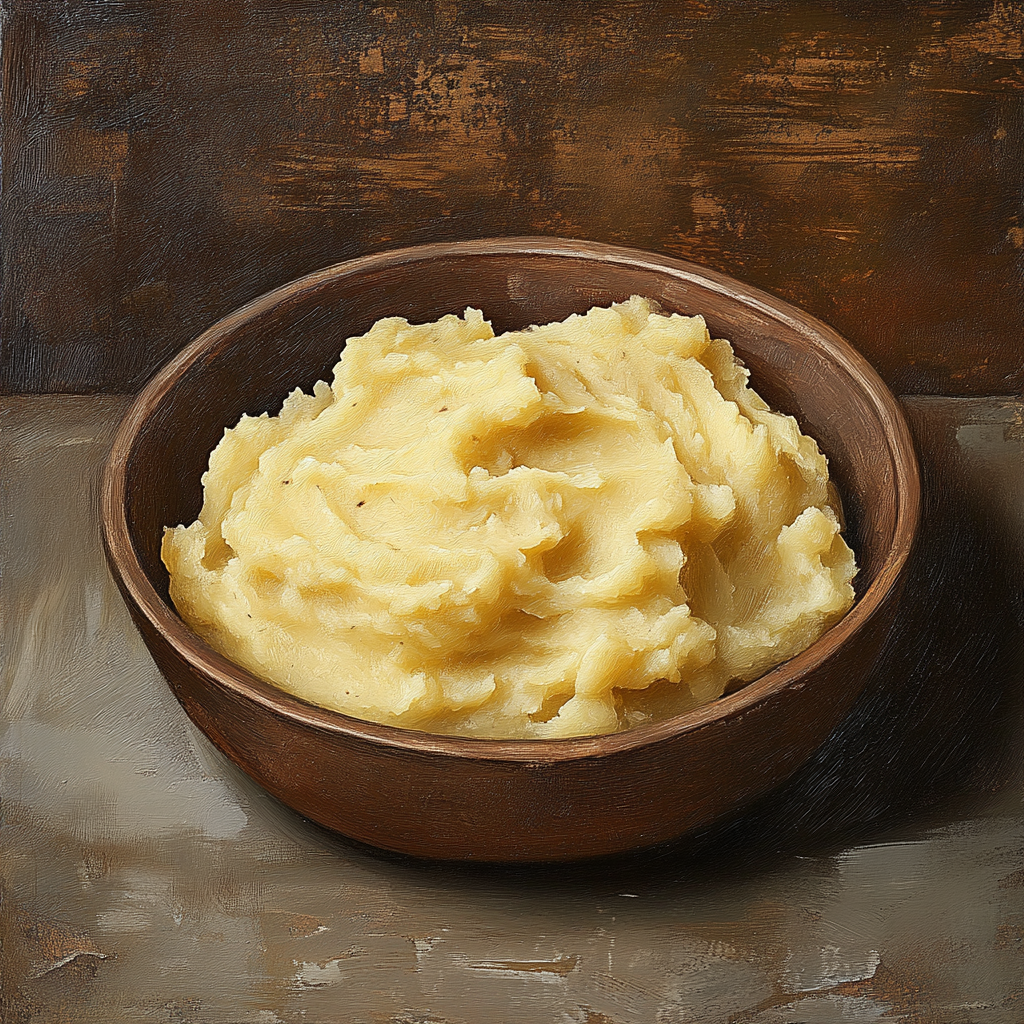 A bowl of creamy mashed potatoes topped with melted butter and fresh herbs4
