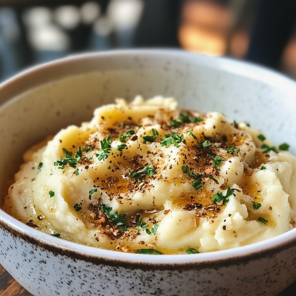 A bowl of creamy mashed potatoes topped with melted butter and fresh herbs3