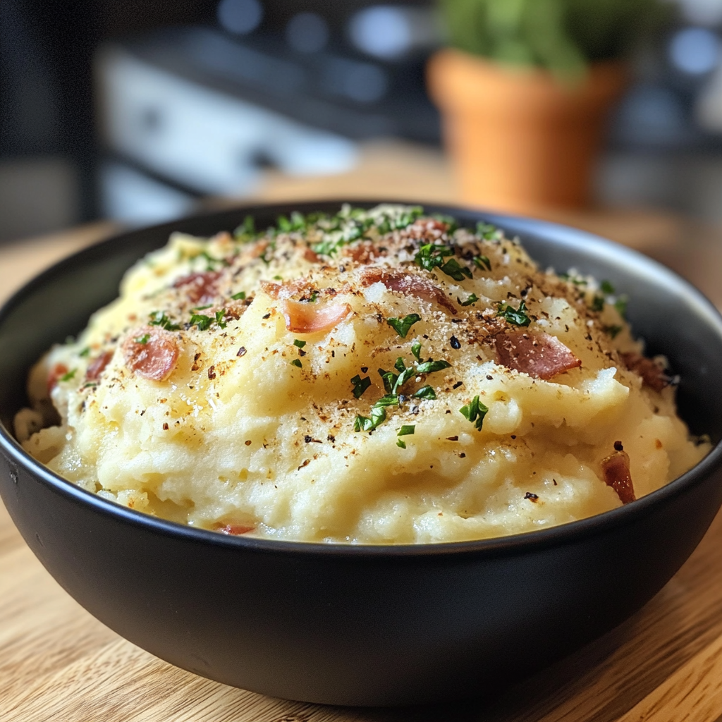 A bowl of creamy mashed potatoes topped with melted butter and fresh herbs2