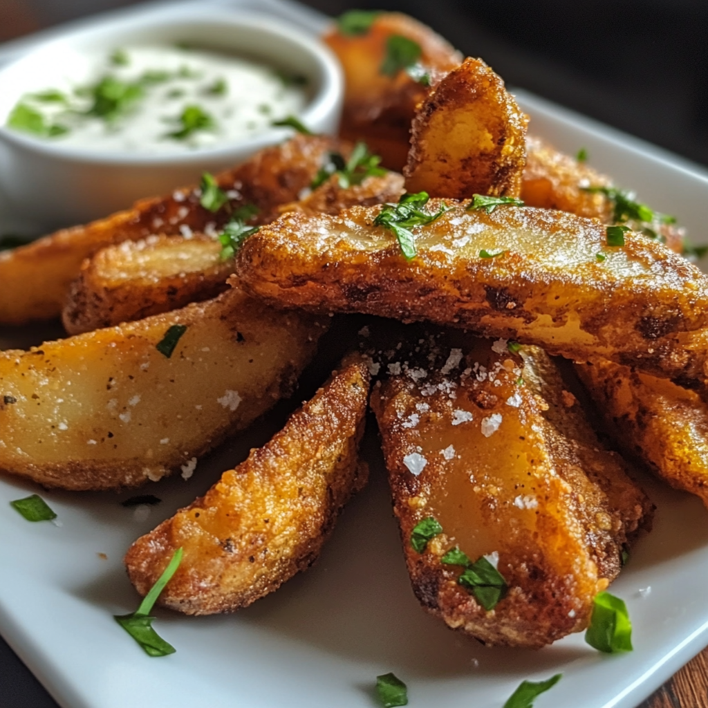 Golden and crispy potato wedges served with dipping sauces — the best potato wedges recipe for a perfect homemade snack.4