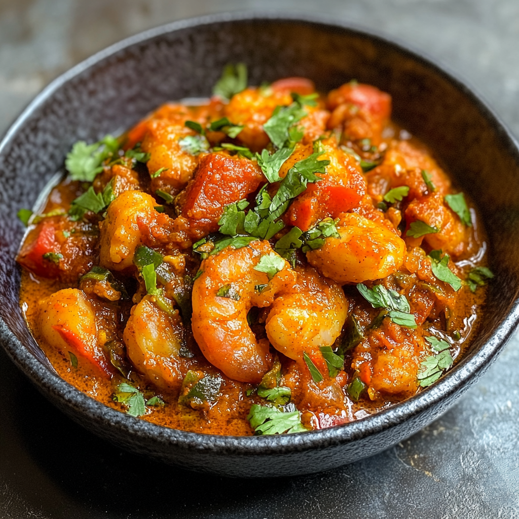 Spicy prawn masala curry served in a traditional Indian bowl with steamed basmati rice.3