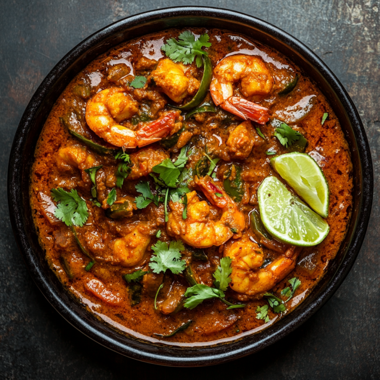 Spicy prawn masala curry served in a traditional Indian bowl with steamed basmati rice.1