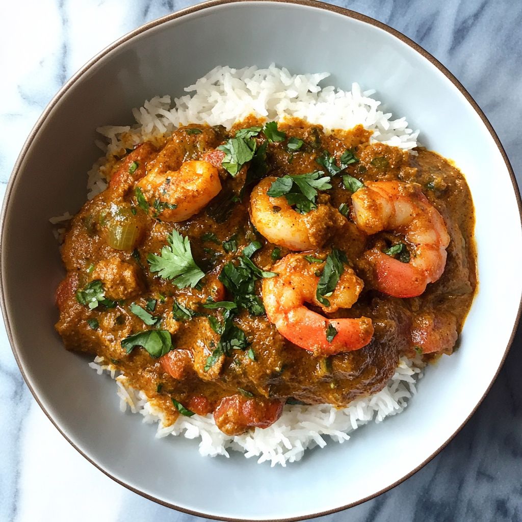 Spicy prawn masala curry served in a traditional Indian bowl with steamed basmati rice.4