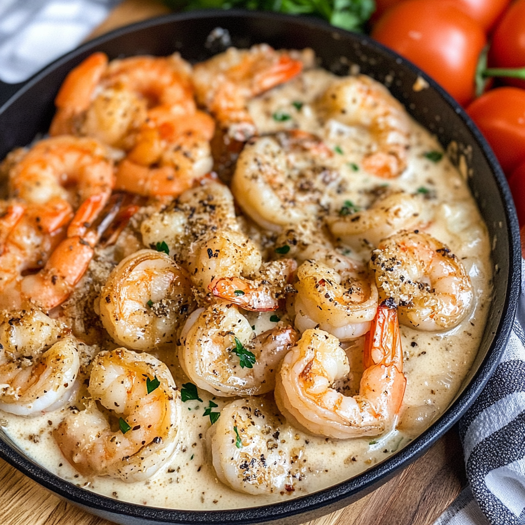 Creamy Shrimp Alfredo recipe served on fettuccine pasta with parsley garnish2