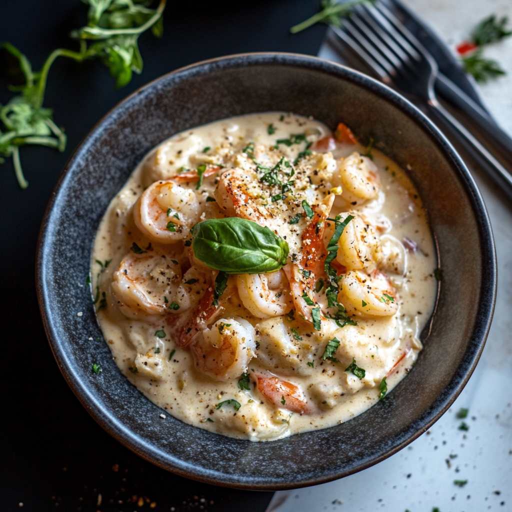 Creamy Shrimp Alfredo recipe served on fettuccine pasta with parsley garnish4