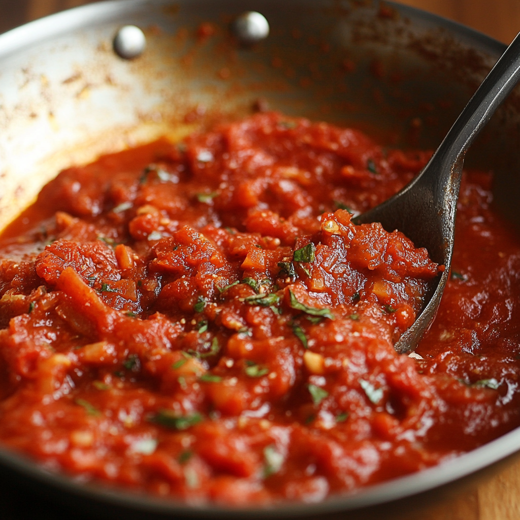 A bowl of penne pasta topped with spicy Arrabbiata sauce, garnished with fresh parsley and chili flakes.4