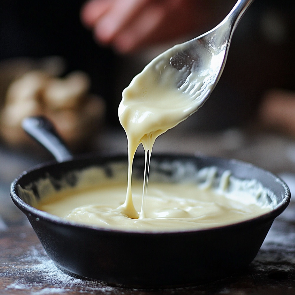 Whisking creamy béchamel sauce in a saucepan — step-by-step white sauce recipe preparation2