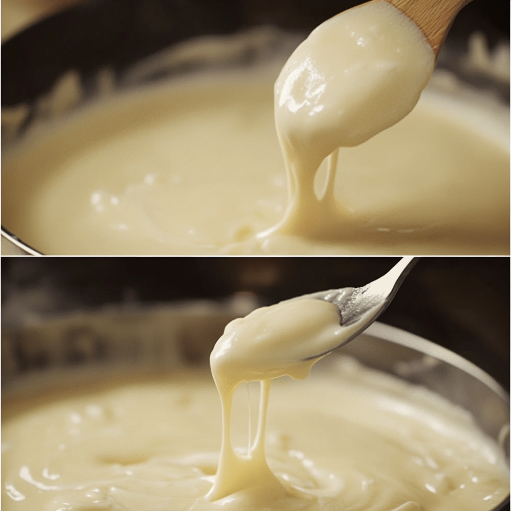Whisking creamy béchamel sauce in a saucepan — step-by-step white sauce recipe preparation3