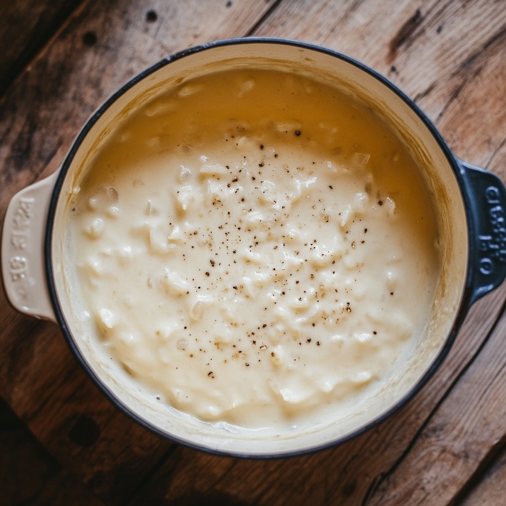 Whisking creamy béchamel sauce in a saucepan — step-by-step white sauce recipe preparation4