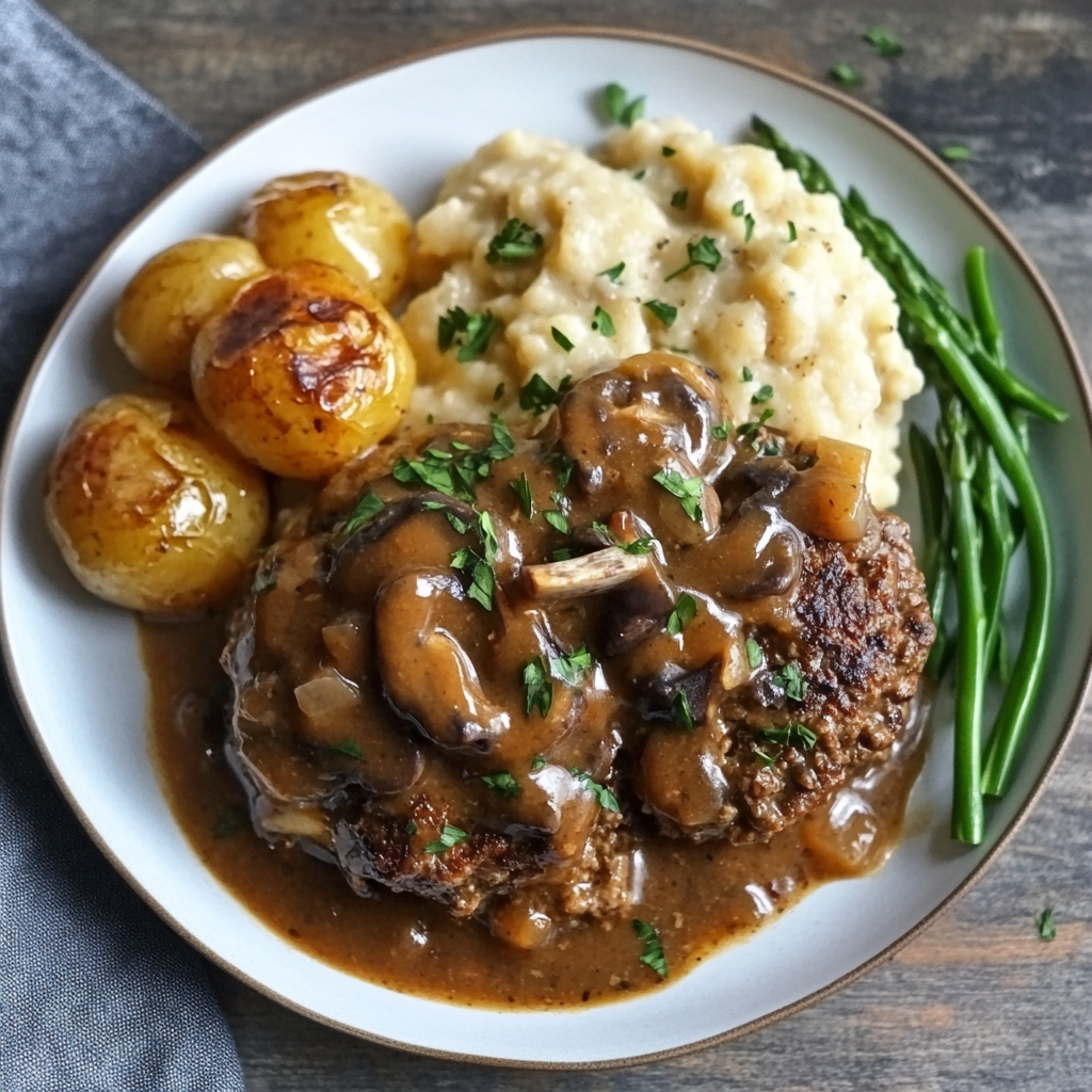 Juicy Crockpot Salisbury steak patties smothered in rich mushroom and onion gravy inside a slow cooker4