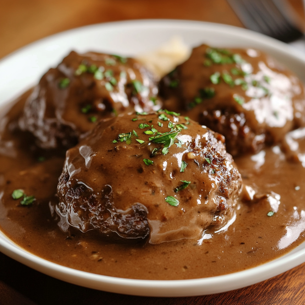 Juicy Crockpot Salisbury steak patties smothered in rich mushroom and onion gravy inside a slow cooker3