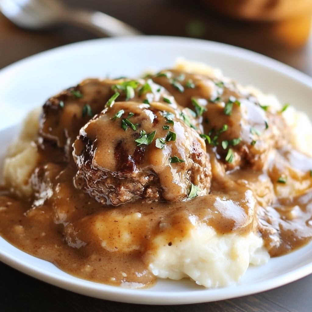Juicy Crockpot Salisbury steak patties smothered in rich mushroom and onion gravy inside a slow cooker2