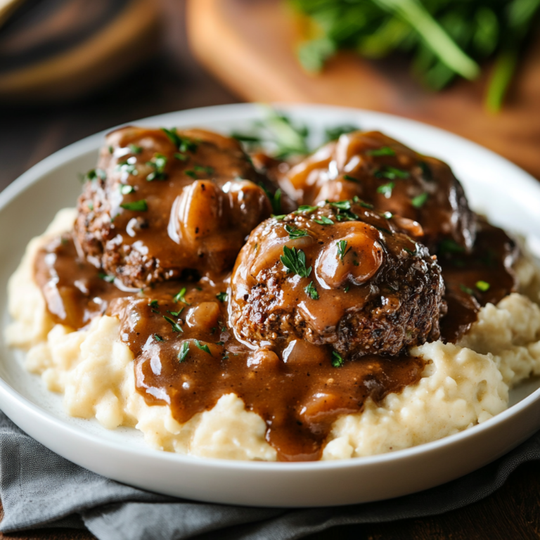 Juicy Crockpot Salisbury steak patties smothered in rich mushroom and onion gravy inside a slow cooker1