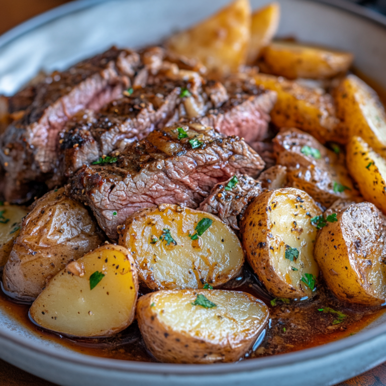 Tender crockpot steak and potatoes served with herbs and vegetables, slow-cooked to perfection for a hearty family meal.1