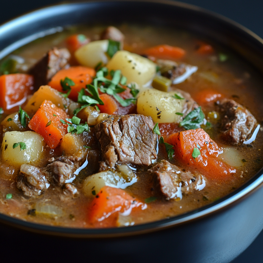 A bowl of crockpot steak soup with tender beef chunks, vegetables, and rich broth – the perfect hearty comfort food made in a slow cooker.2