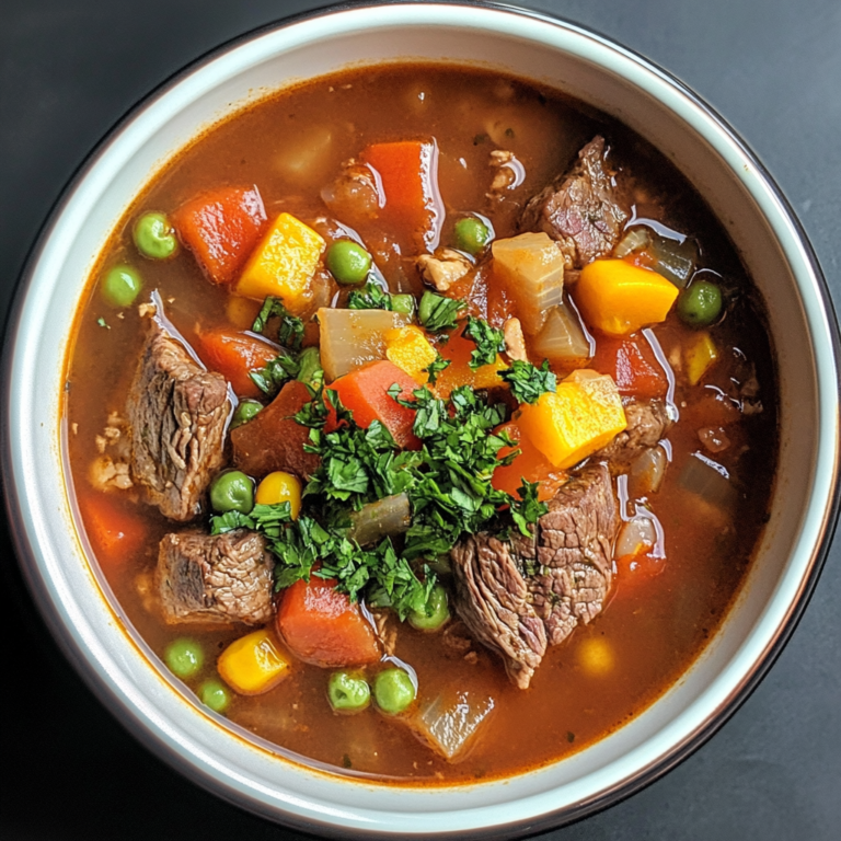 A bowl of crockpot steak soup with tender beef chunks, vegetables, and rich broth – the perfect hearty comfort food made in a slow cooker.1
