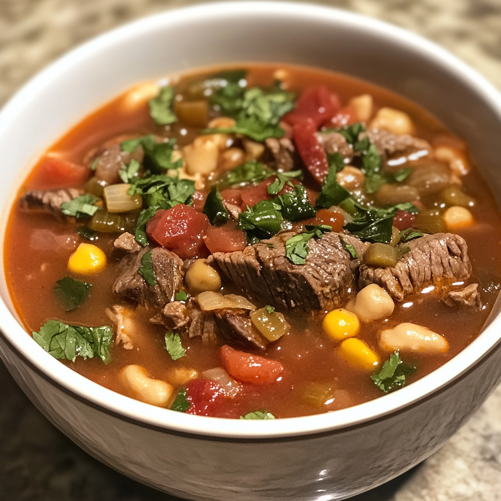 A bowl of crockpot steak soup with tender beef chunks, vegetables, and rich broth – the perfect hearty comfort food made in a slow cooker.3