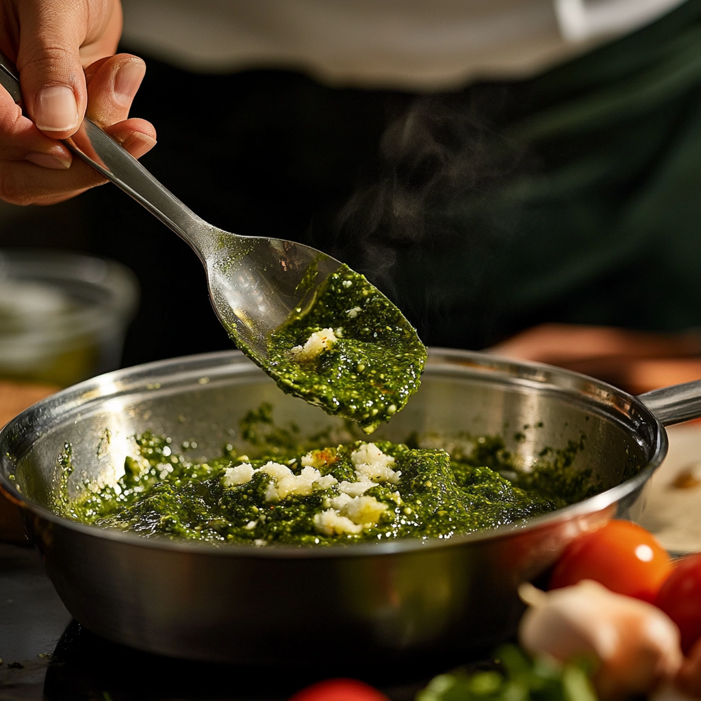 A bowl of fresh green pesto sauce with basil leaves, pine nuts, and cheese – showcasing versatile pesto sauce uses.1
