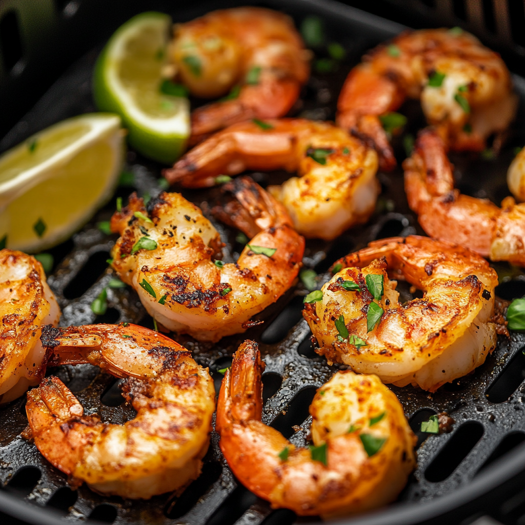 Golden and crispy air fryer scampi served with lemon wedges and parsley on a white plate.3