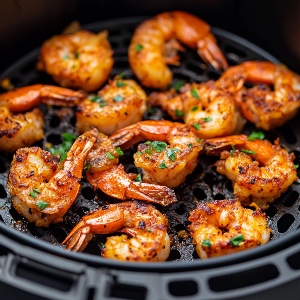 Golden and crispy air fryer scampi served with lemon wedges and parsley on a white plate.2