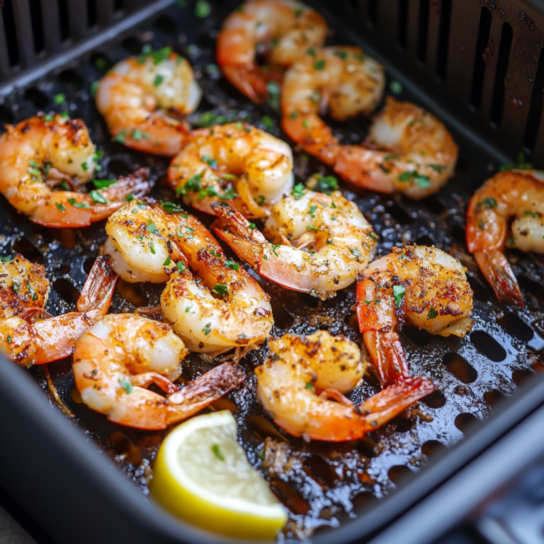 Golden and crispy air fryer scampi served with lemon wedges and parsley on a white plate.1