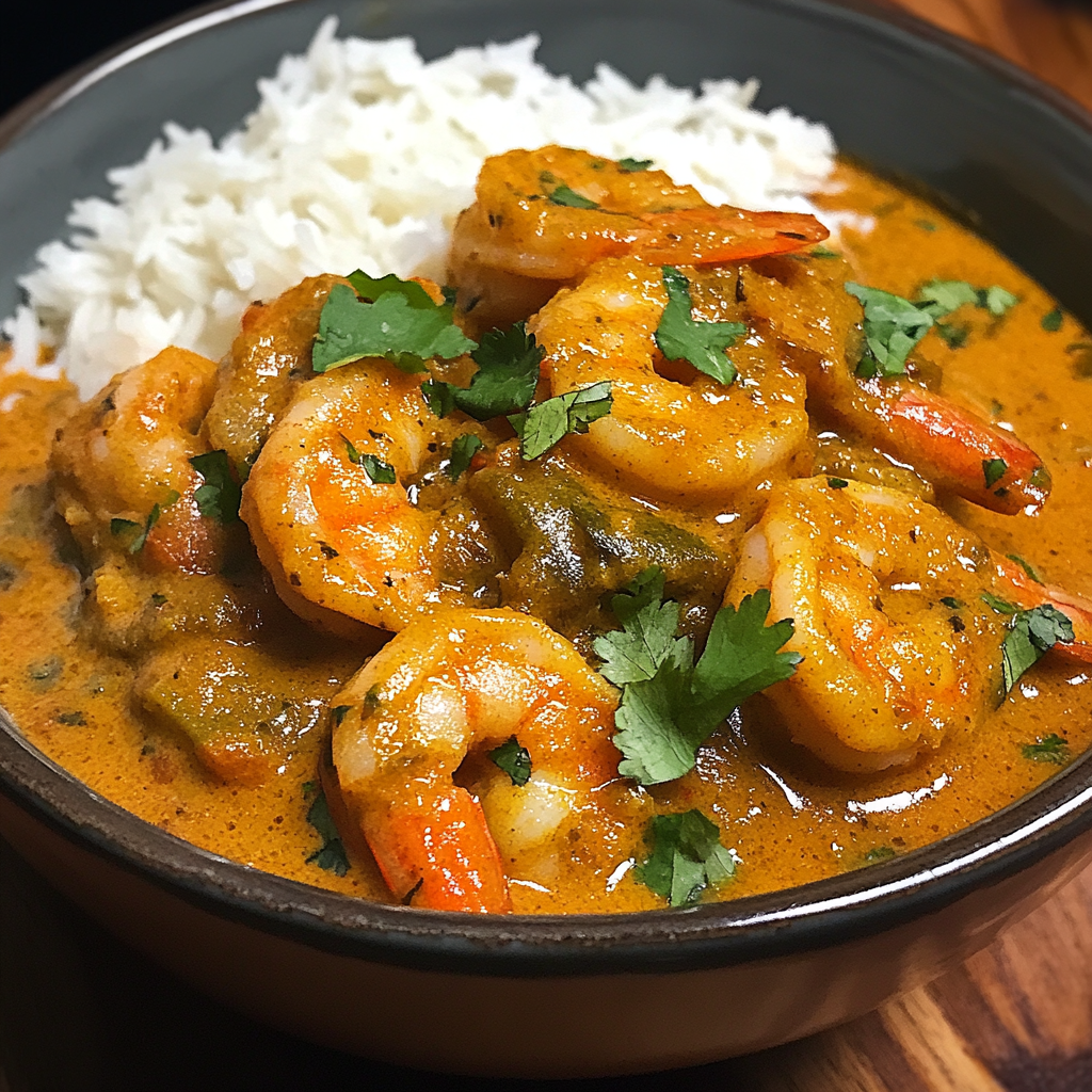 A vibrant bowl of shrimp curry with coconut milk, turmeric, and chili, served with rice and garnished with cilantro — a perfect shrimp curry recipe.4