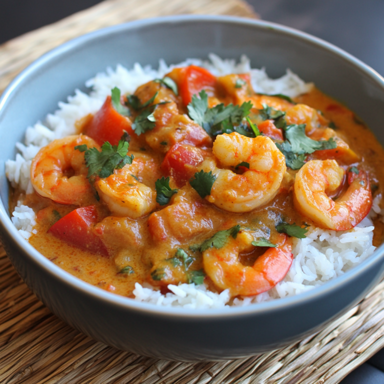 A vibrant bowl of shrimp curry with coconut milk, turmeric, and chili, served with rice and garnished with cilantro — a perfect shrimp curry recipe.1