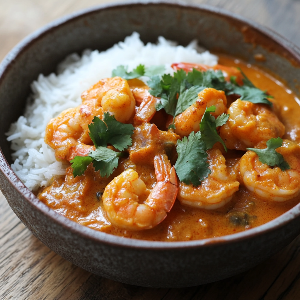 A vibrant bowl of shrimp curry with coconut milk, turmeric, and chili, served with rice and garnished with cilantro — a perfect shrimp curry recipe.2