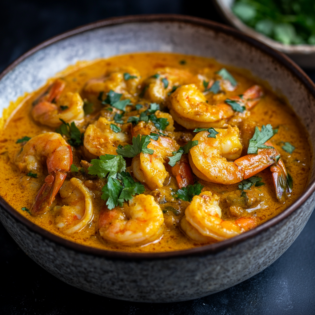 A vibrant bowl of shrimp curry with coconut milk, turmeric, and chili, served with rice and garnished with cilantro — a perfect shrimp curry recipe.3