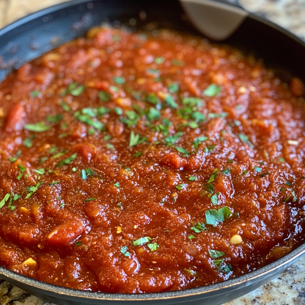A pot of homemade tomato sauce simmering with fresh basil, garlic, and onions – tomato sauce tips for richer flavor.4