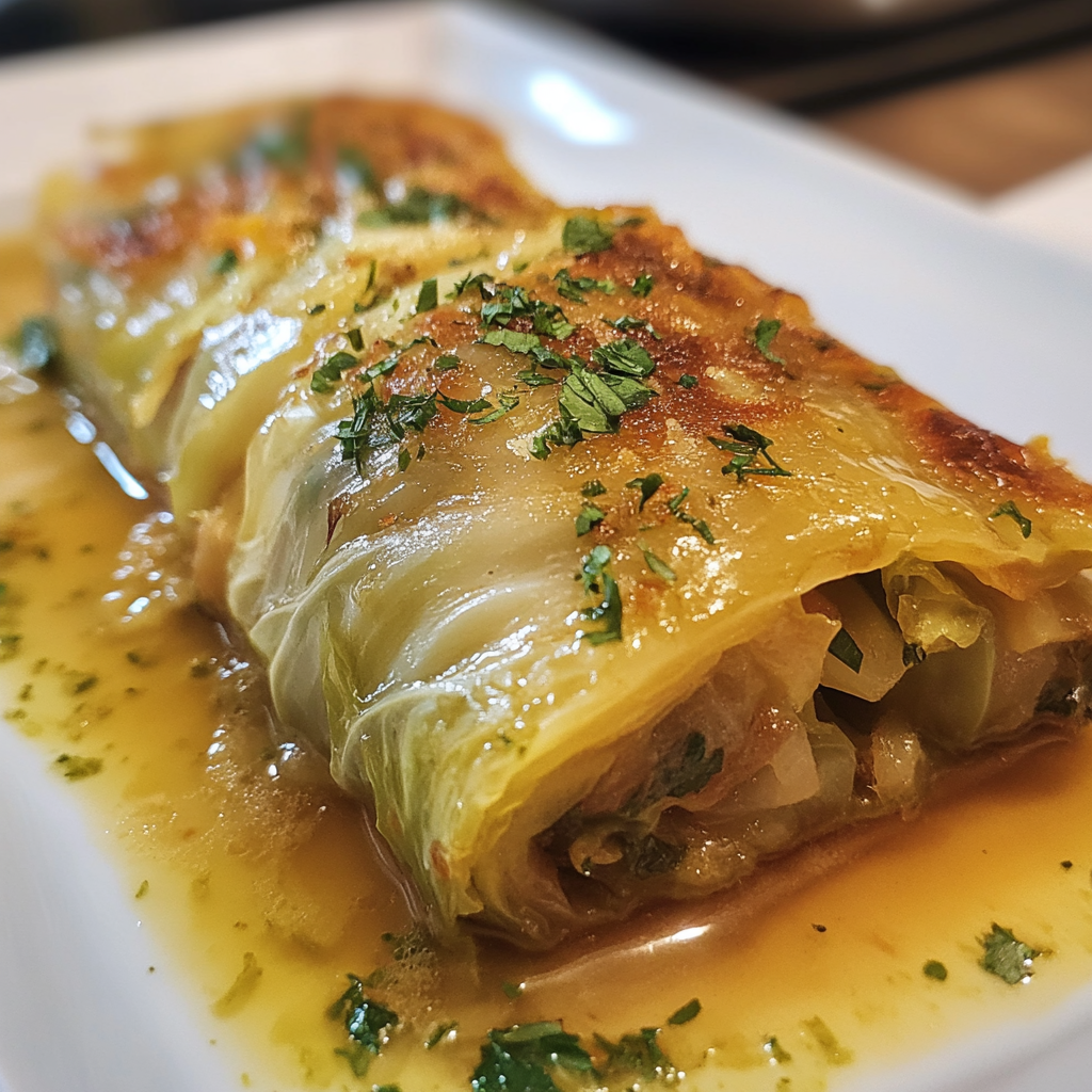A plate of traditional cabbage rolls stuffed with meat and rice, served in tomato sauce and garnished with herbs4